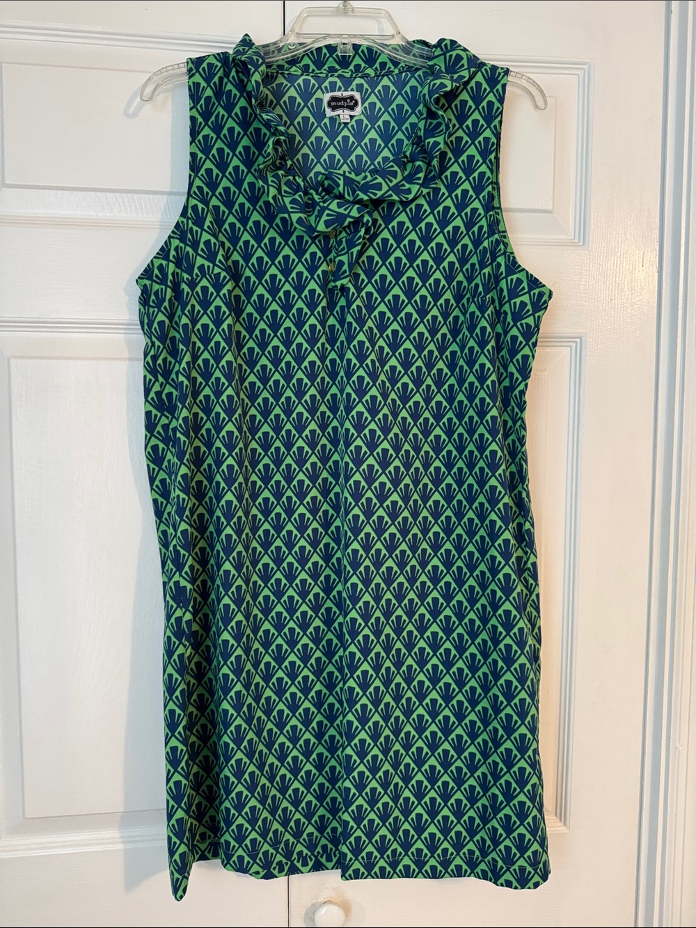 Mud Pie Sleeveless Green & Navy Printed Ruffle V Neck Dress